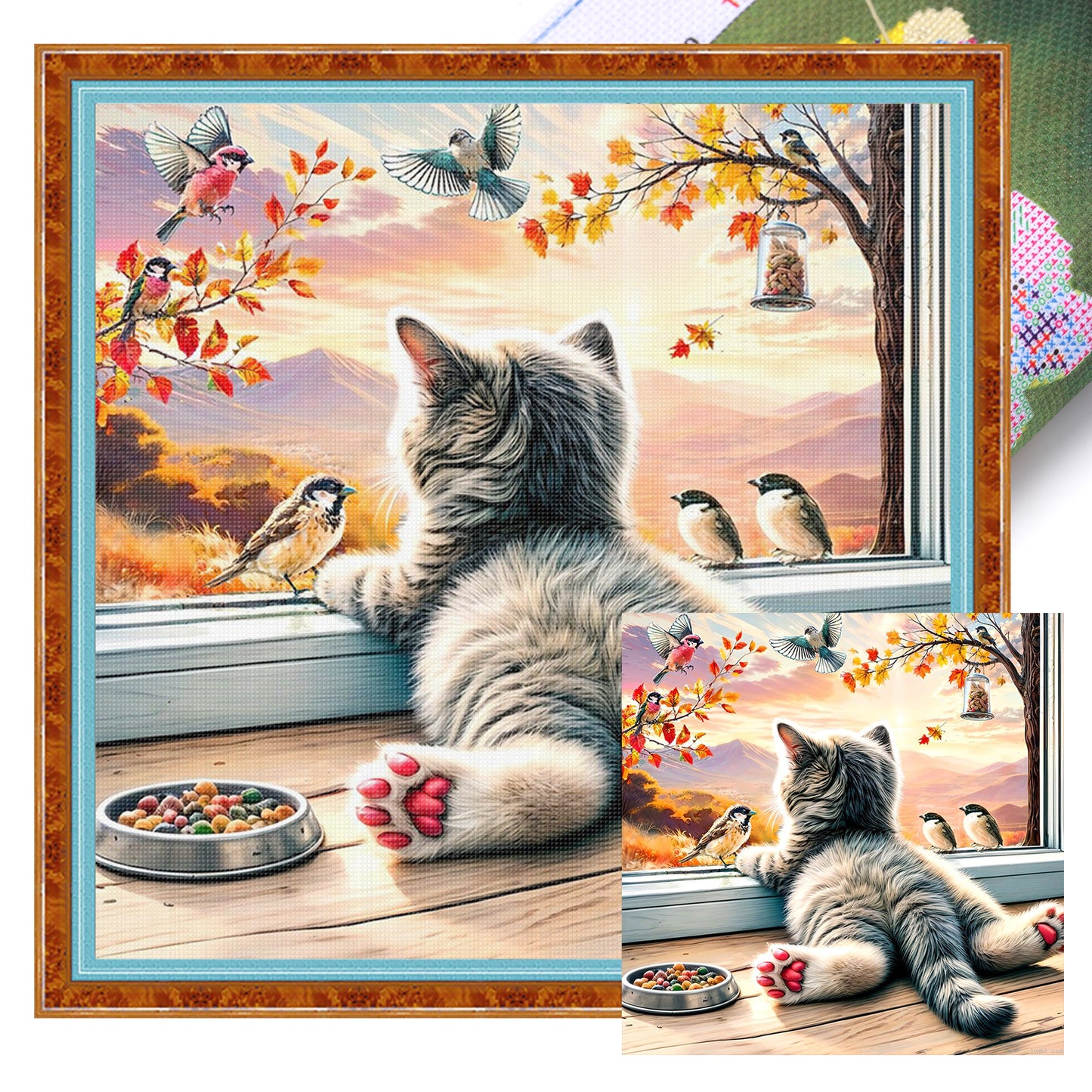 Cat By Window - Full 11CT Stamped Cross Stitch 40x40CM - Huacan