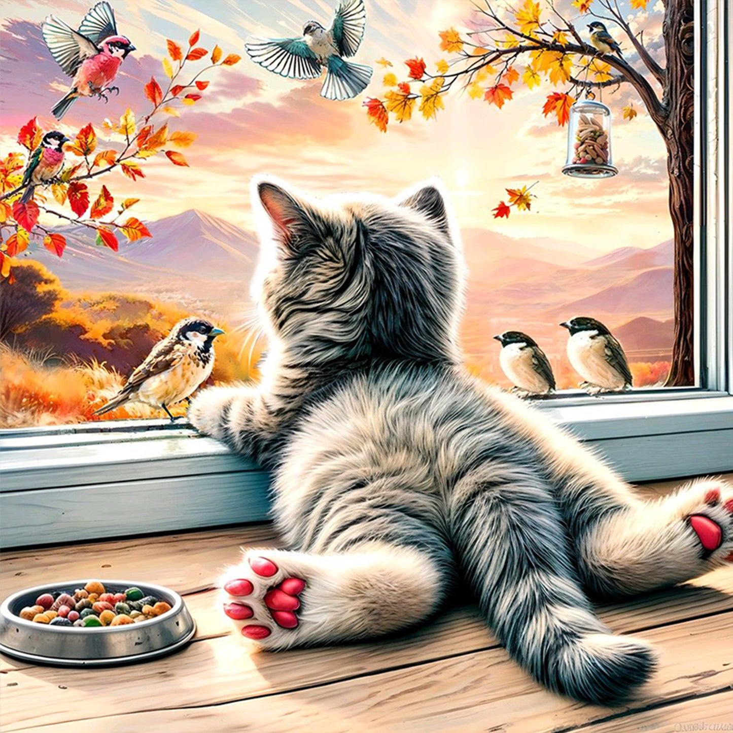 Cat By Window - Full 11CT Stamped Cross Stitch 40x40CM - Huacan