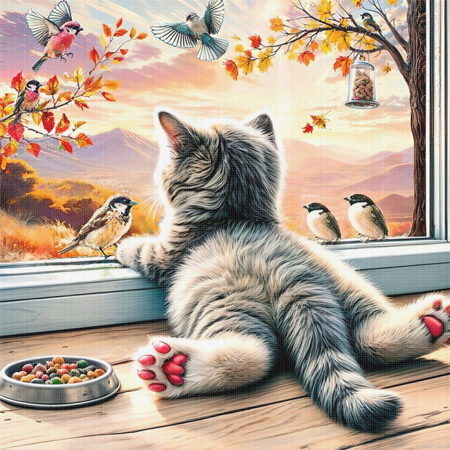 Cat By Window - Full 11CT Stamped Cross Stitch 40x40CM - Huacan