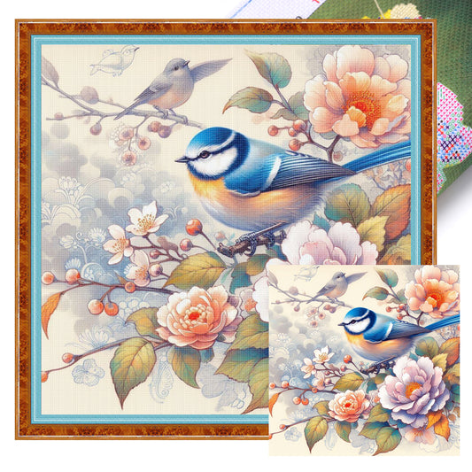Robin And Flowers - Full 11CT Stamped Cross Stitch 40x40CM - Huacan