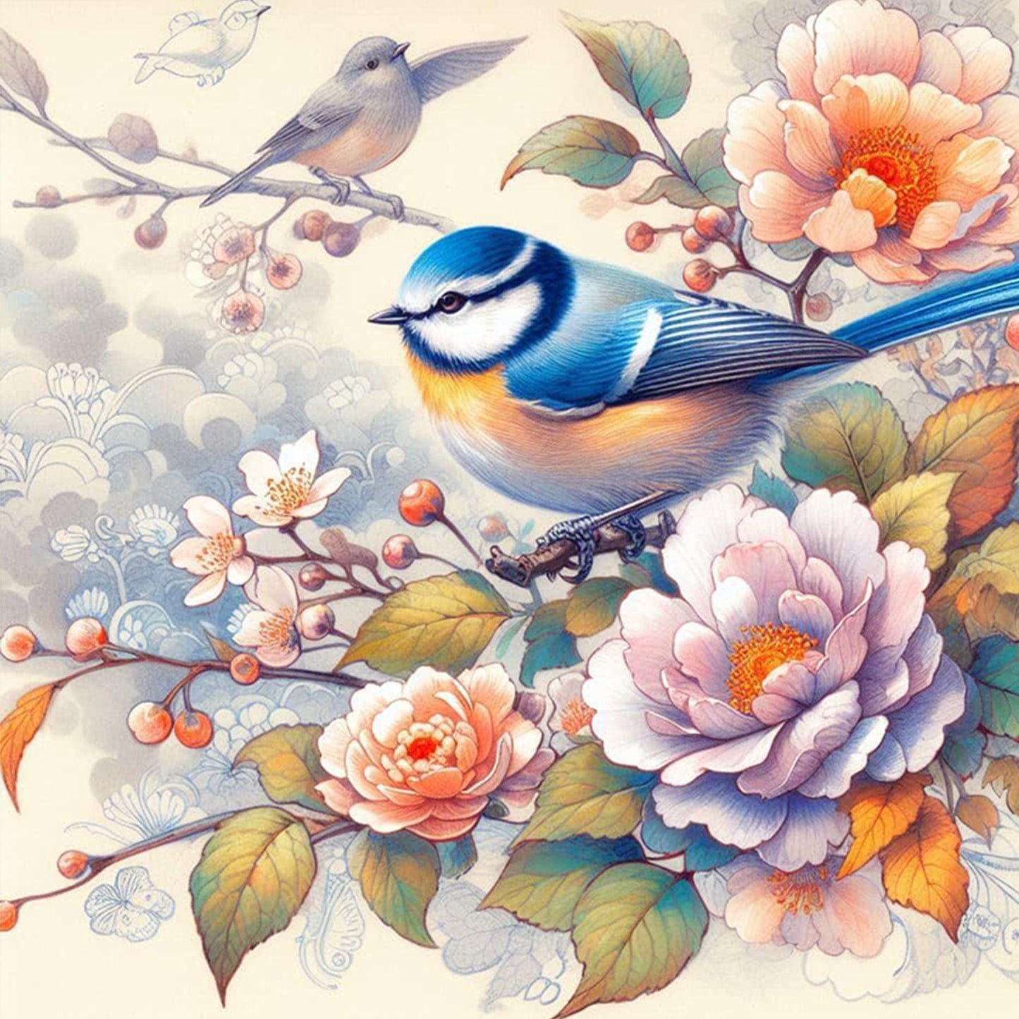 Robin And Flowers - Full 11CT Stamped Cross Stitch 40x40CM - Huacan