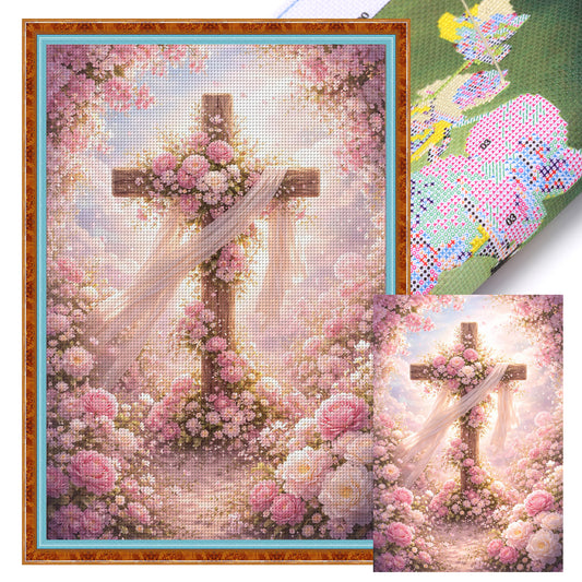 Floral Cross - Full 11CT Stamped Cross Stitch 40x60CM - Huacan