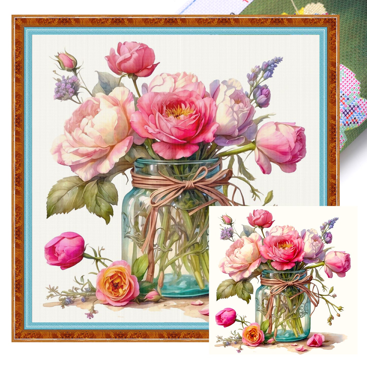 Peony And Rose - Full 18CT Stamped Cross Stitch 25x25CM - Huacan