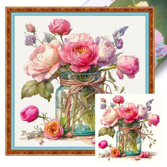 Peony And Rose - Full 18CT Stamped Cross Stitch 25x25CM - Huacan