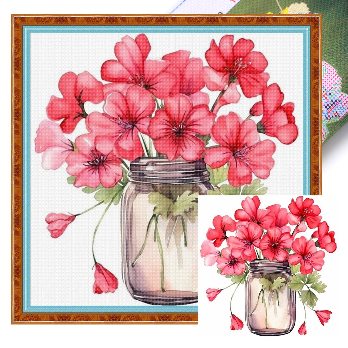 Red Geranium - Full 18CT Stamped Cross Stitch 25x25CM - Huacan