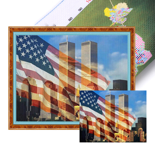 Twin Towers And Old Glory - Full 11CT Stamped Cross Stitch 50x40CM - Huacan