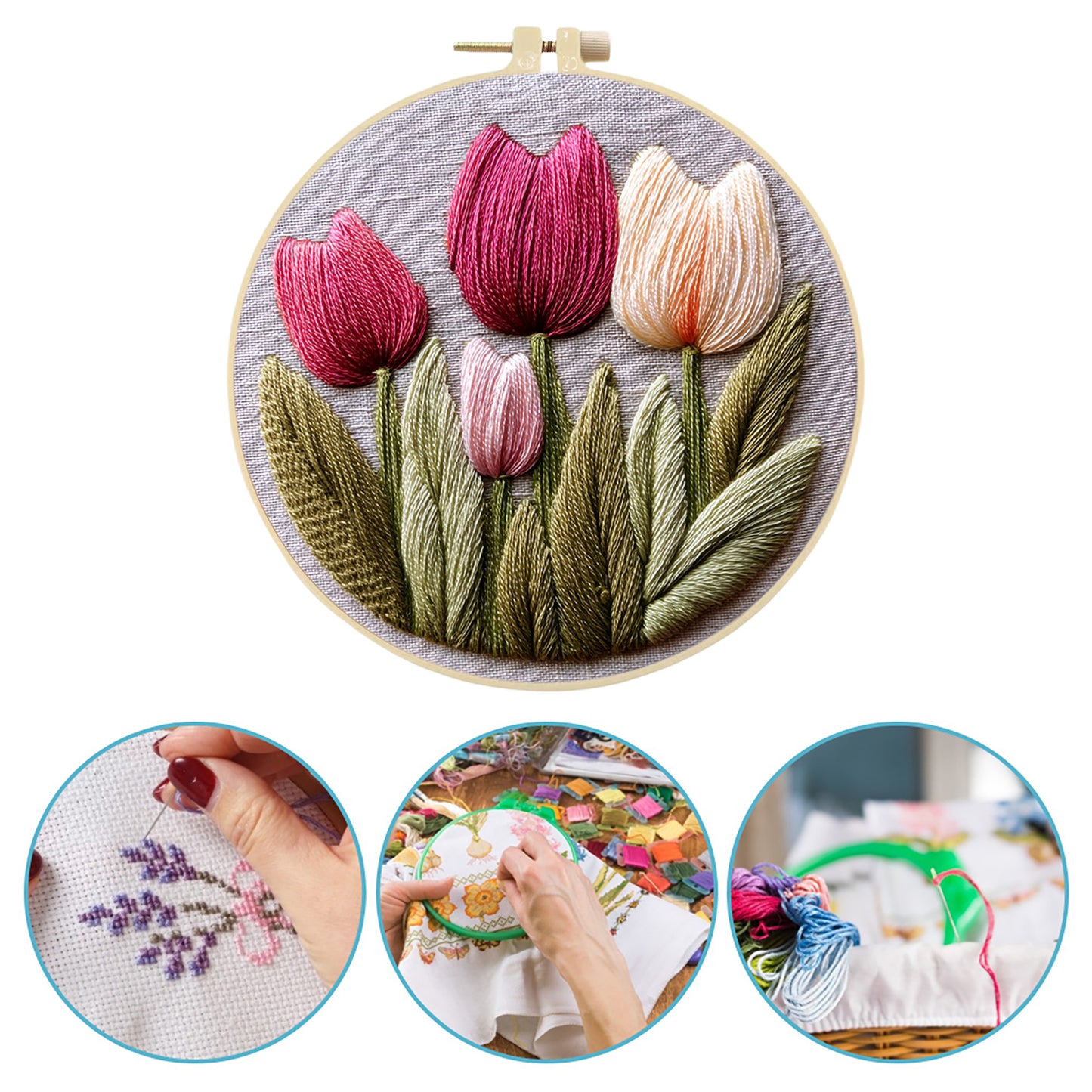 Tulip - DIY Embroidery Cross Stitch Kit with Pattern Cotton Threads Needles Hoop 30x30CM/11.81x11.81in