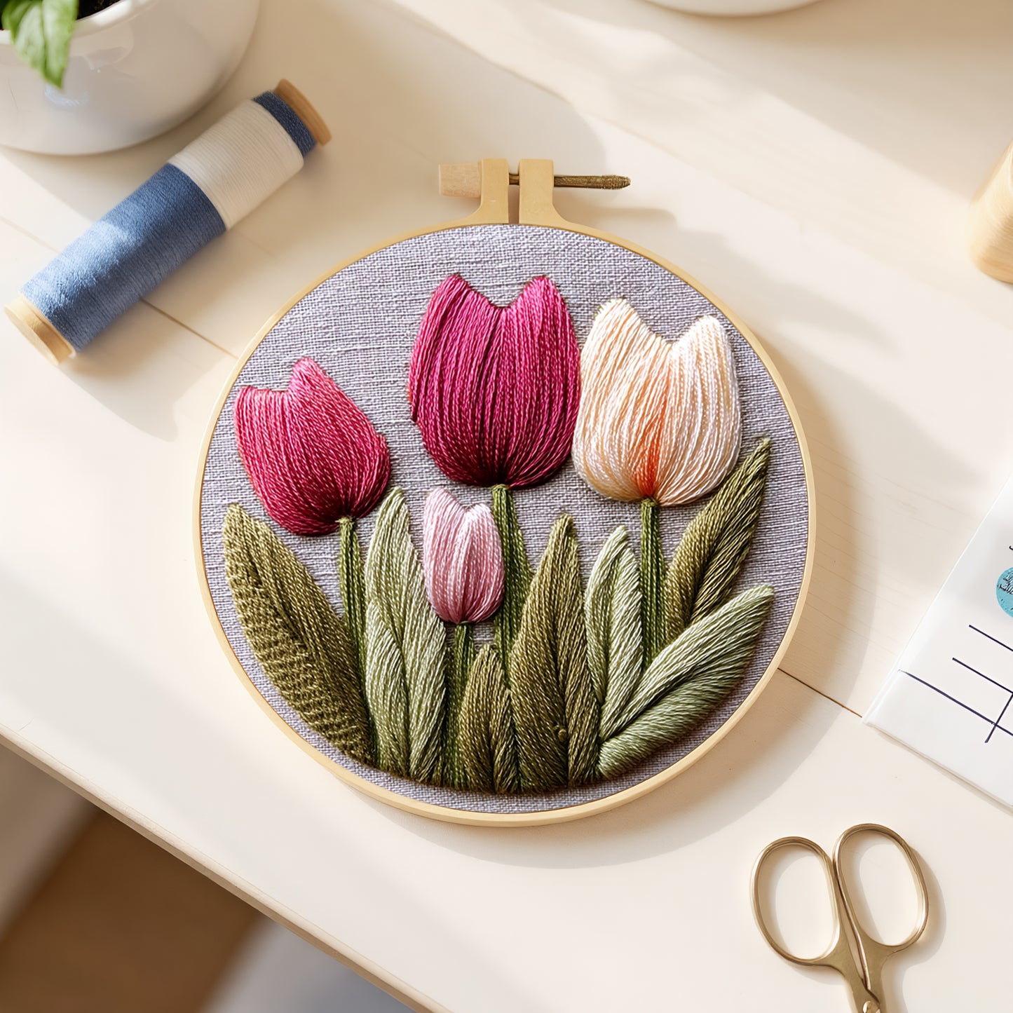 Tulip - DIY Embroidery Cross Stitch Kit with Pattern Cotton Threads Needles Hoop 30x30CM/11.81x11.81in
