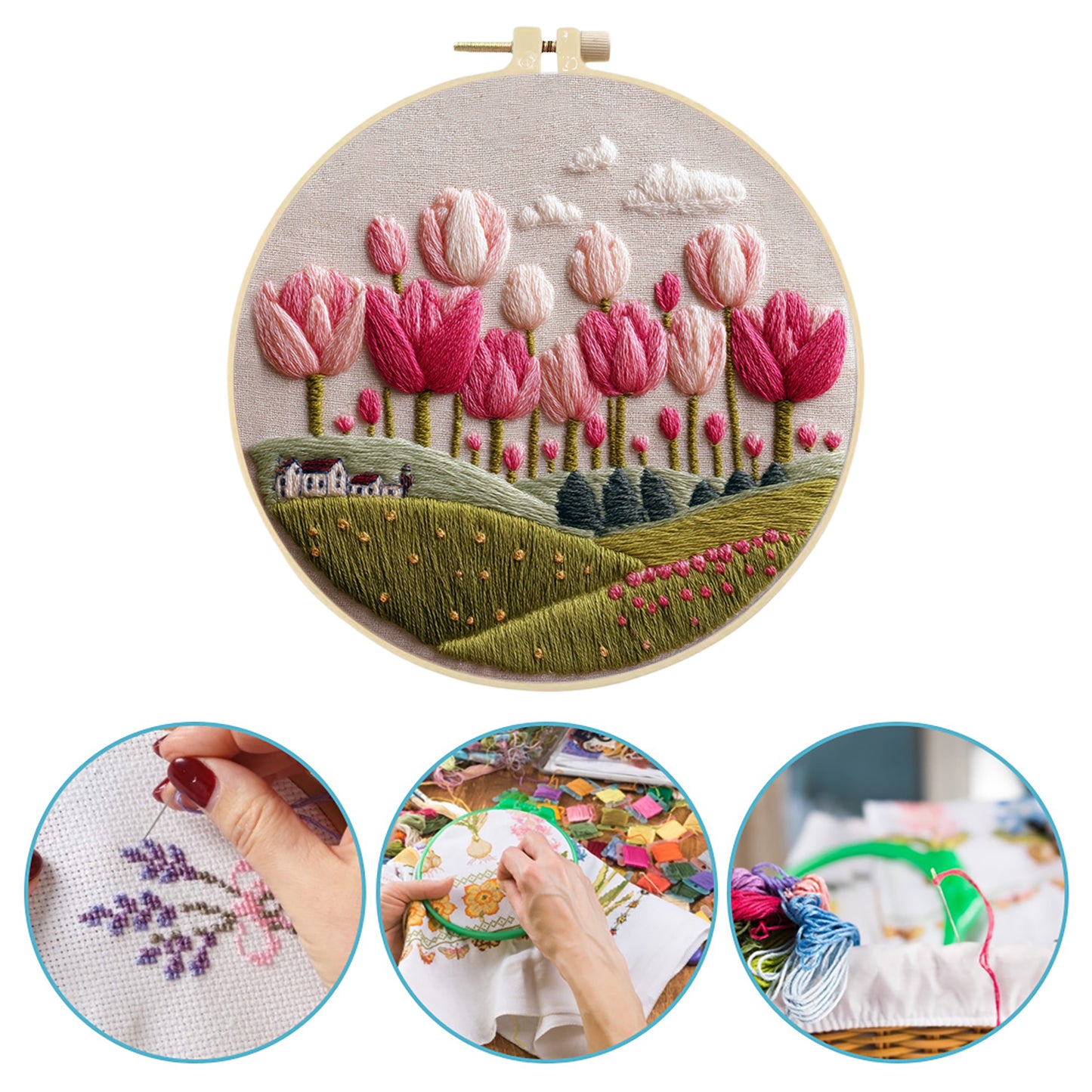Tulip - DIY Embroidery Cross Stitch Kit with Pattern Cotton Threads Needles Hoop 30x30CM/11.81x11.81in