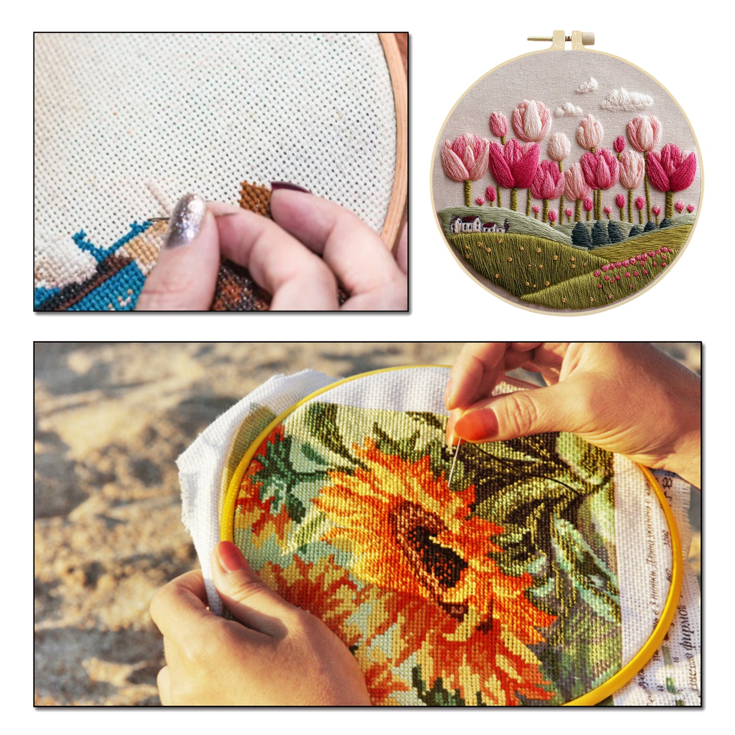 Tulip - DIY Embroidery Cross Stitch Kit with Pattern Cotton Threads Needles Hoop 30x30CM/11.81x11.81in