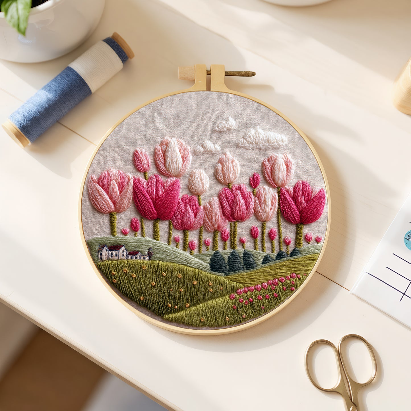Tulip - DIY Embroidery Cross Stitch Kit with Pattern Cotton Threads Needles Hoop 30x30CM/11.81x11.81in