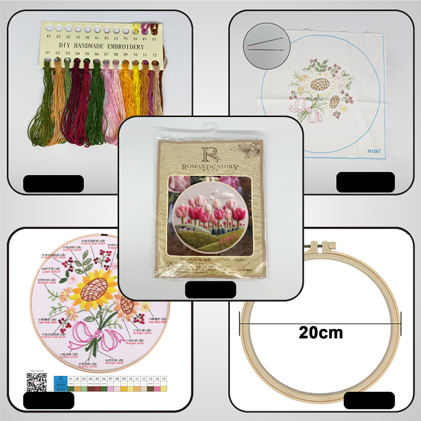 Tulip - DIY Embroidery Cross Stitch Kit with Pattern Cotton Threads Needles Hoop 30x30CM/11.81x11.81in
