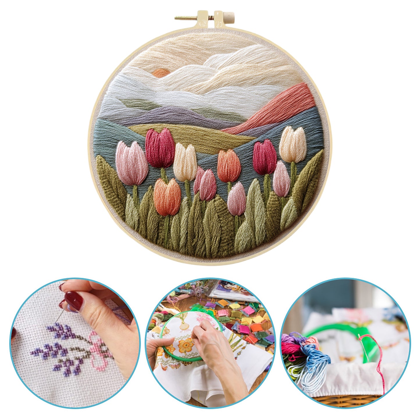 Tulip - DIY Embroidery Cross Stitch Kit with Pattern Cotton Threads Needles Hoop 30x30CM/11.81x11.81in