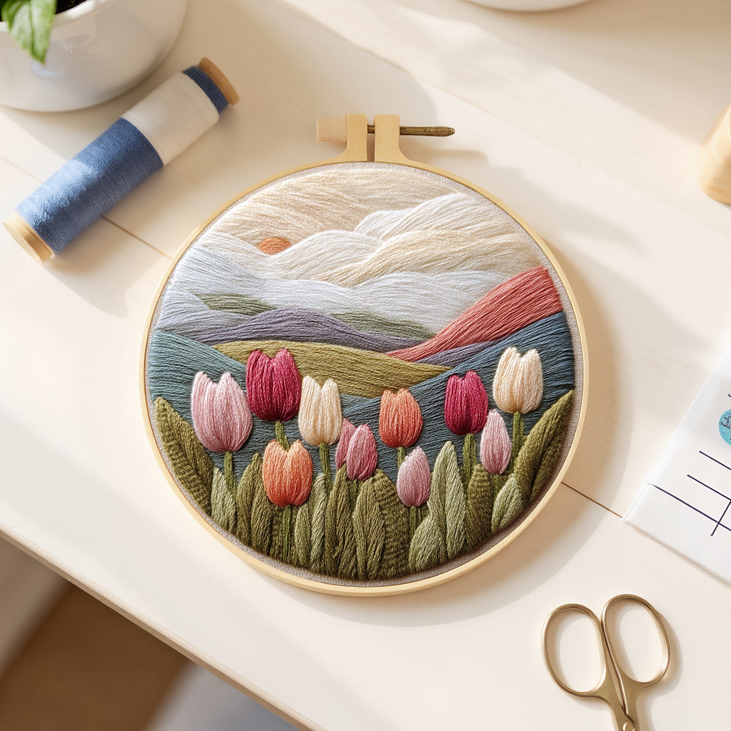 Tulip - DIY Embroidery Cross Stitch Kit with Pattern Cotton Threads Needles Hoop 30x30CM/11.81x11.81in