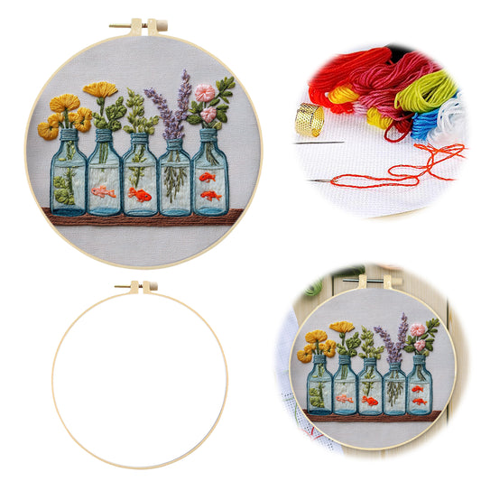 Glass Bottle Vase - DIY Embroidery Cross Stitch Kit with Pattern Cotton Threads Needles Hoop 30x30CM/11.81x11.81in