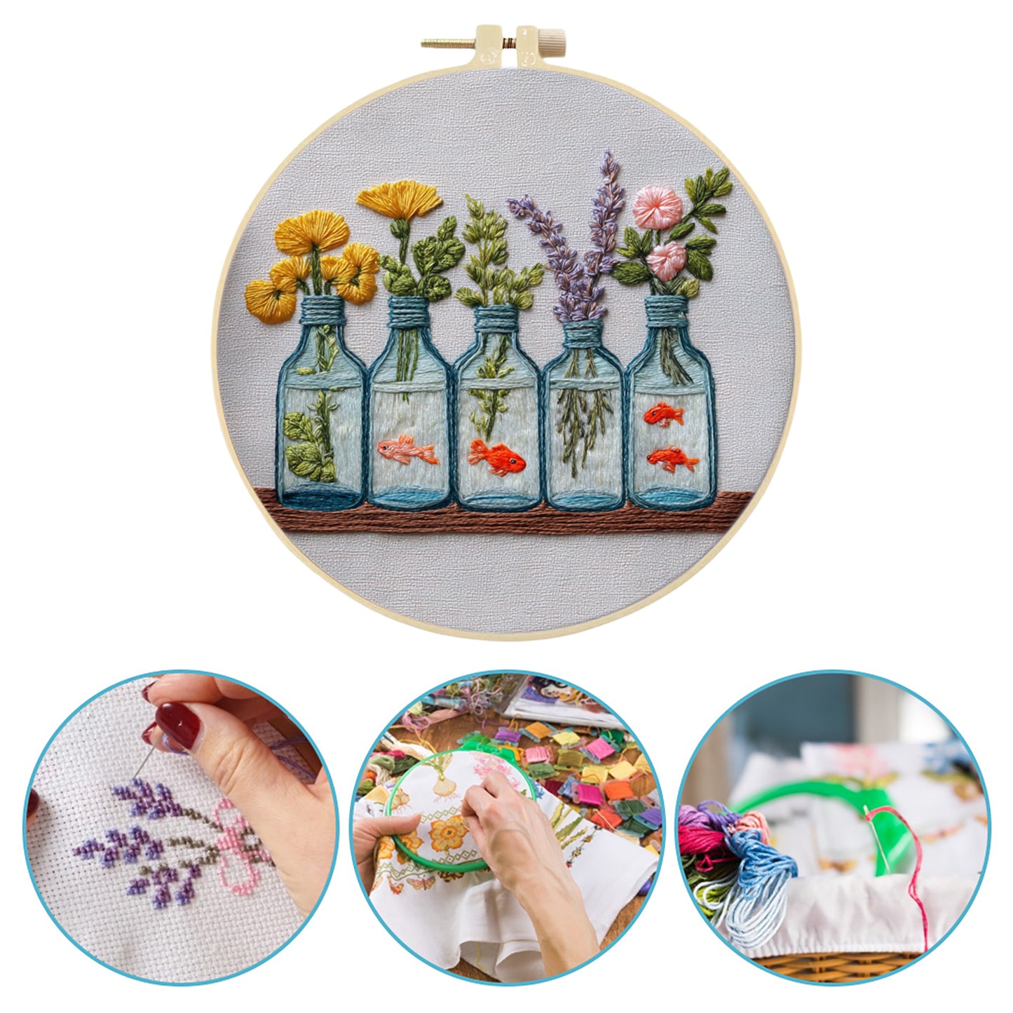 Glass Bottle Vase - DIY Embroidery Cross Stitch Kit with Pattern Cotton Threads Needles Hoop 30x30CM/11.81x11.81in