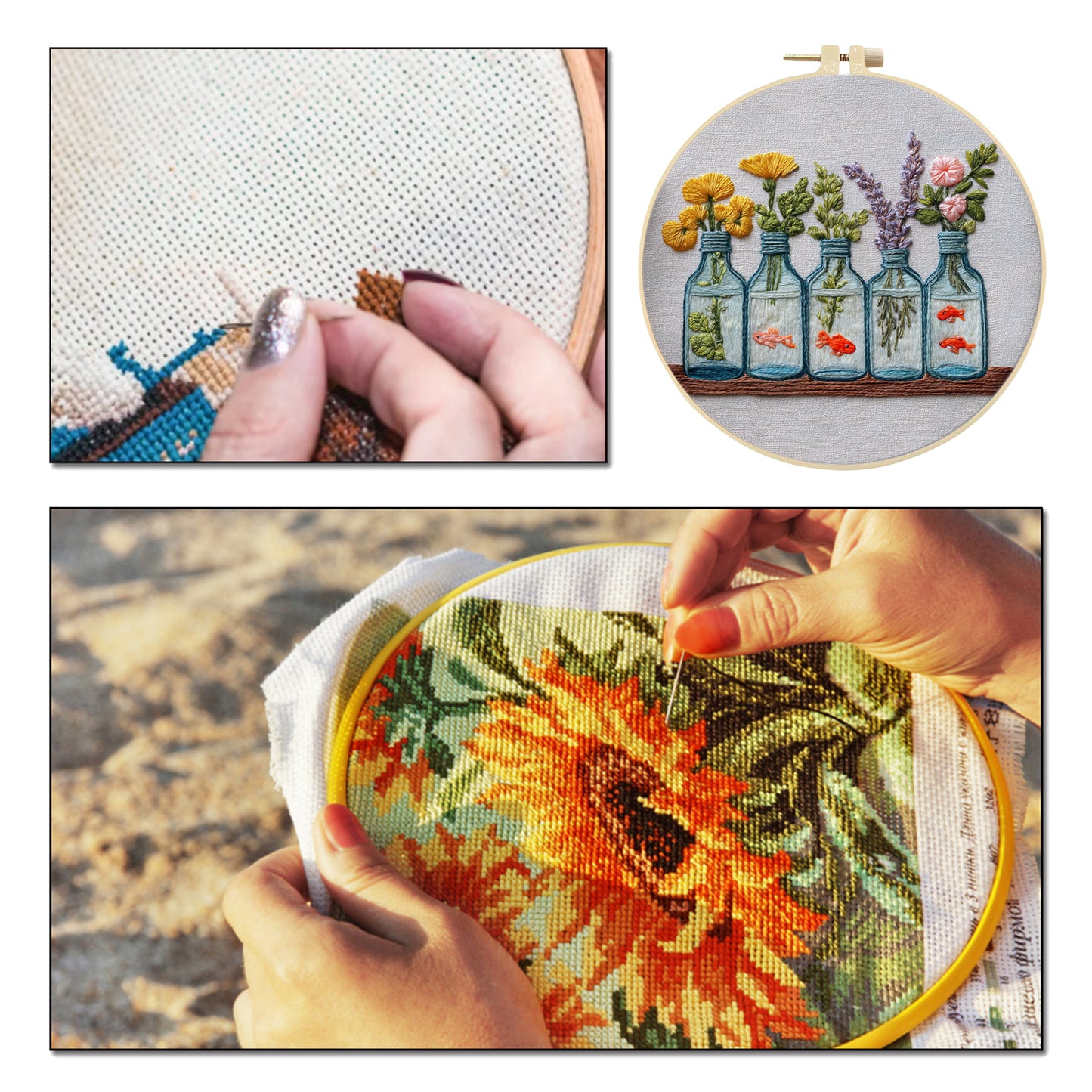 Glass Bottle Vase - DIY Embroidery Cross Stitch Kit with Pattern Cotton Threads Needles Hoop 30x30CM/11.81x11.81in