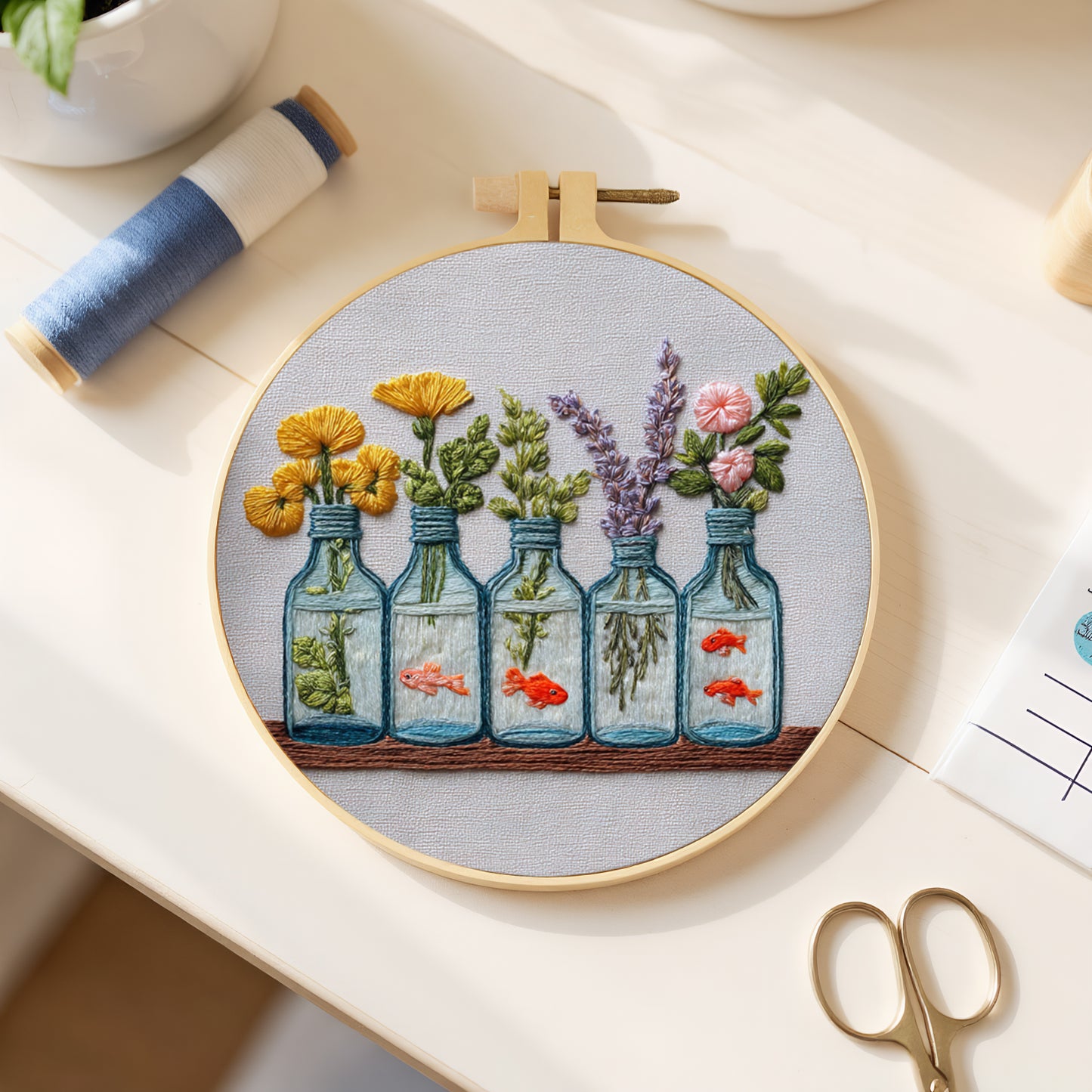 Glass Bottle Vase - DIY Embroidery Cross Stitch Kit with Pattern Cotton Threads Needles Hoop 30x30CM/11.81x11.81in