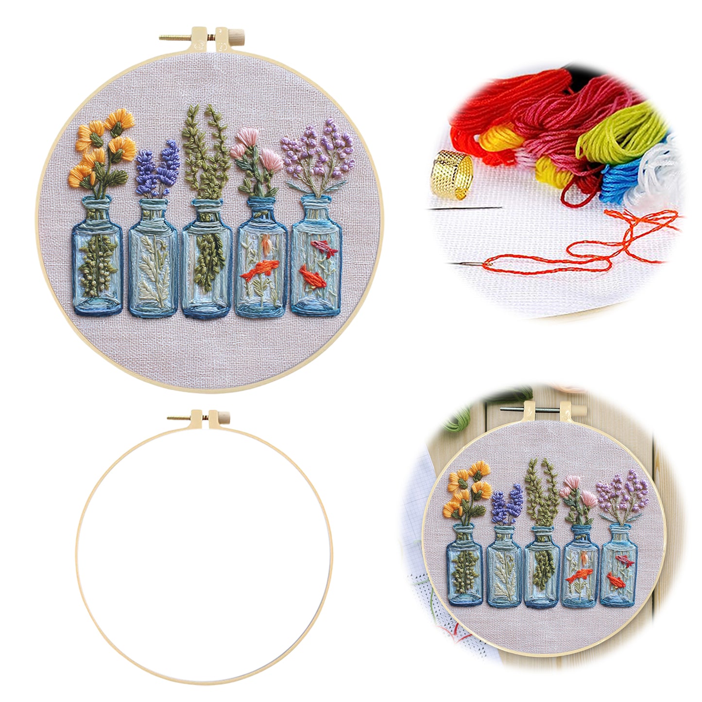 Glass Bottle Vase - DIY Embroidery Cross Stitch Kit with Pattern Cotton Threads Needles Hoop 30x30CM/11.81x11.81in