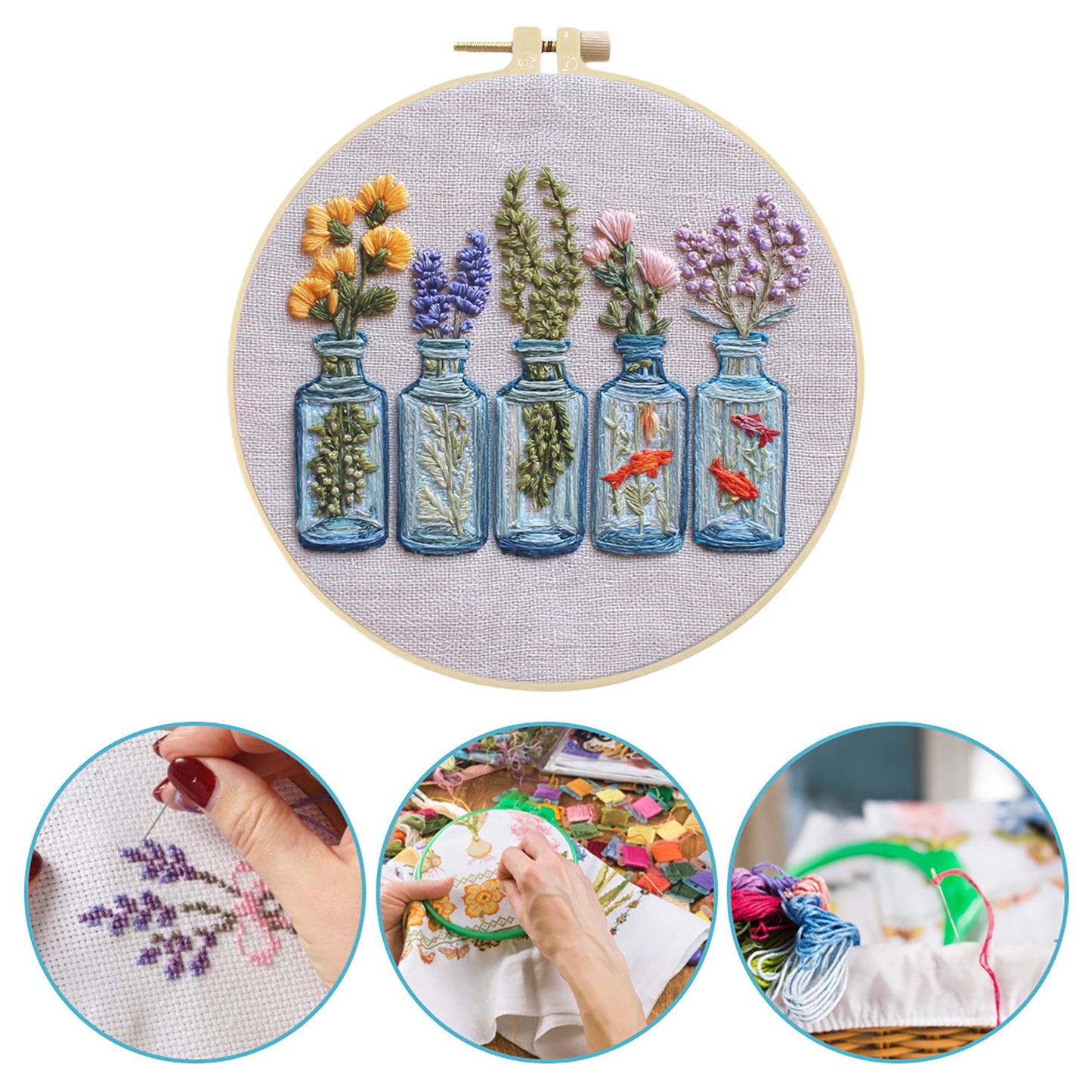 Glass Bottle Vase - DIY Embroidery Cross Stitch Kit with Pattern Cotton Threads Needles Hoop 30x30CM/11.81x11.81in