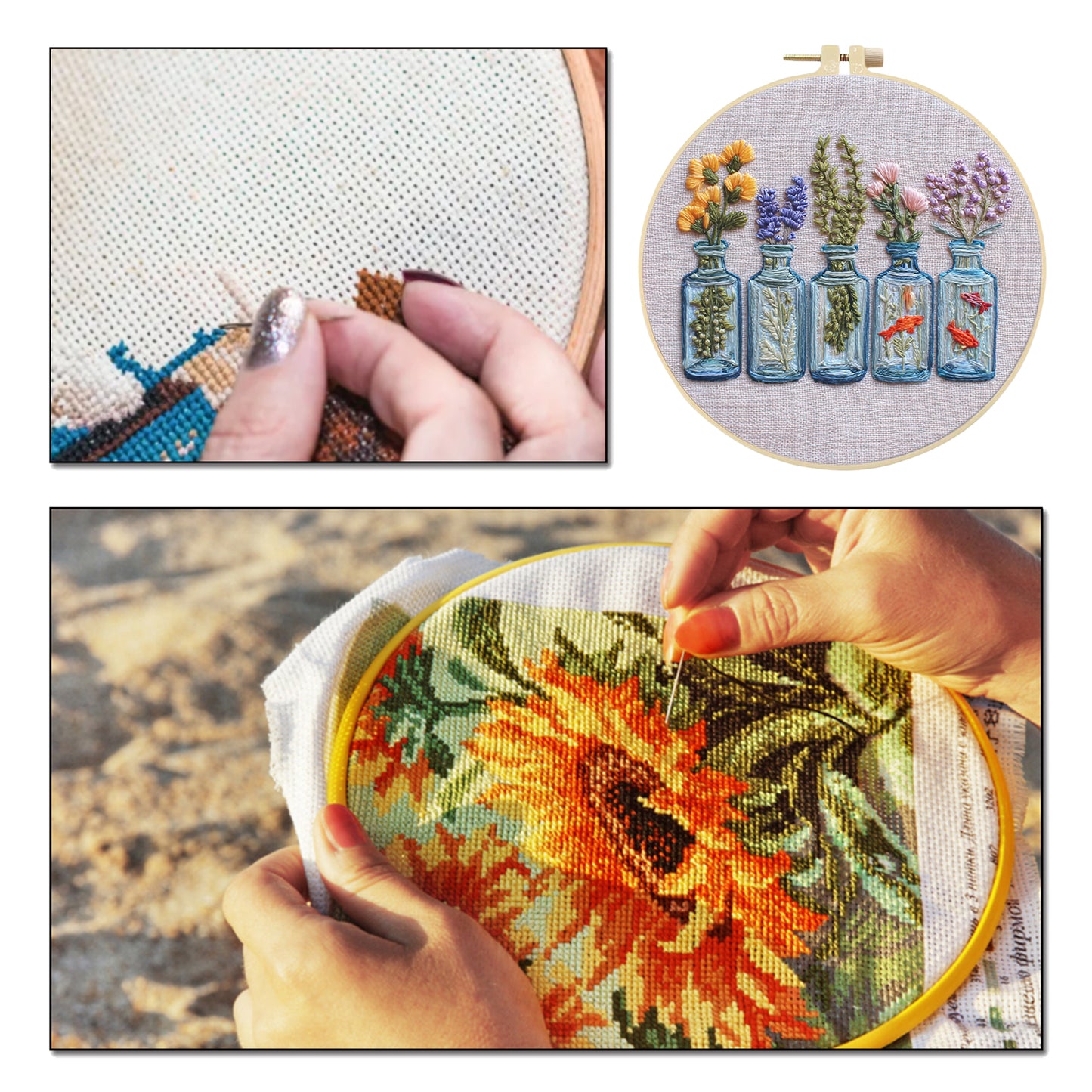 Glass Bottle Vase - DIY Embroidery Cross Stitch Kit with Pattern Cotton Threads Needles Hoop 30x30CM/11.81x11.81in
