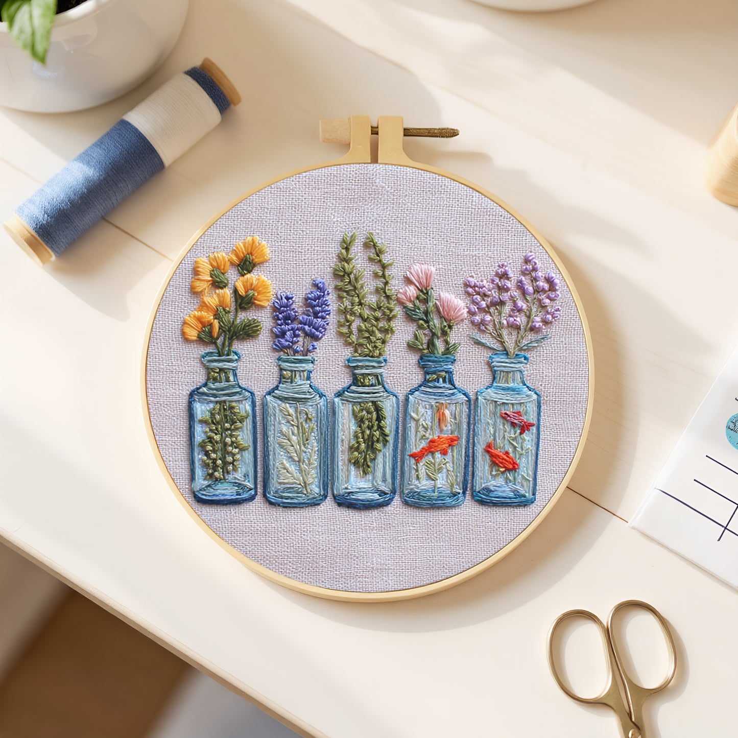 Glass Bottle Vase - DIY Embroidery Cross Stitch Kit with Pattern Cotton Threads Needles Hoop 30x30CM/11.81x11.81in