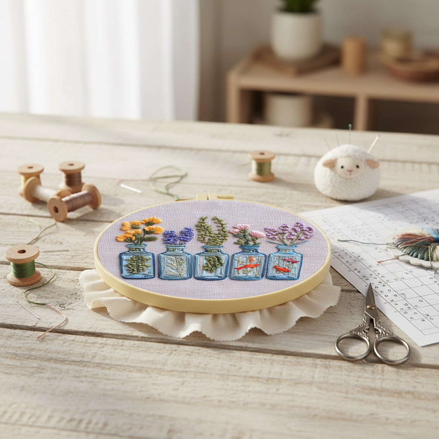 Glass Bottle Vase - DIY Embroidery Cross Stitch Kit with Pattern Cotton Threads Needles Hoop 30x30CM/11.81x11.81in
