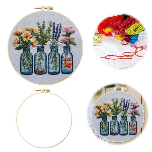 Glass Bottle Vase - DIY Embroidery Cross Stitch Kit with Pattern Cotton Threads Needles Hoop 30x30CM/11.81x11.81in