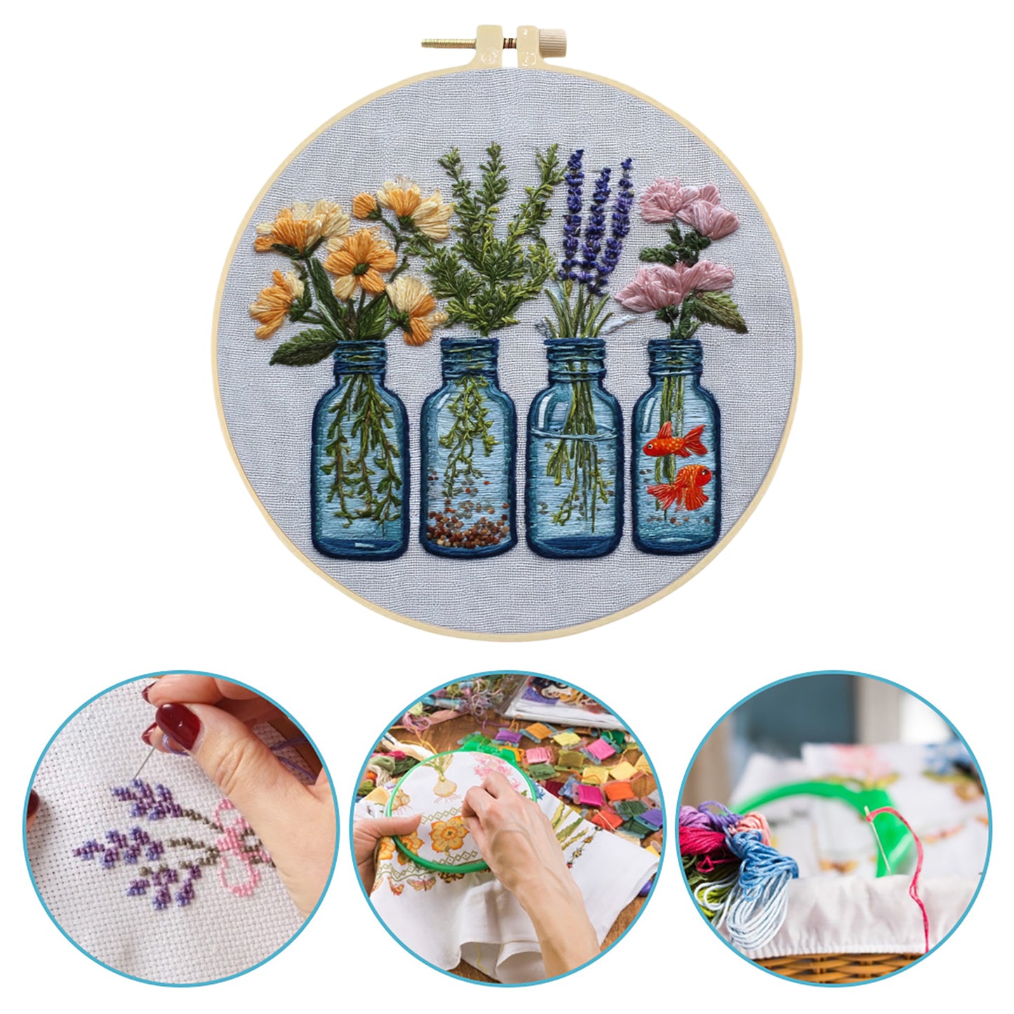 Glass Bottle Vase - DIY Embroidery Cross Stitch Kit with Pattern Cotton Threads Needles Hoop 30x30CM/11.81x11.81in