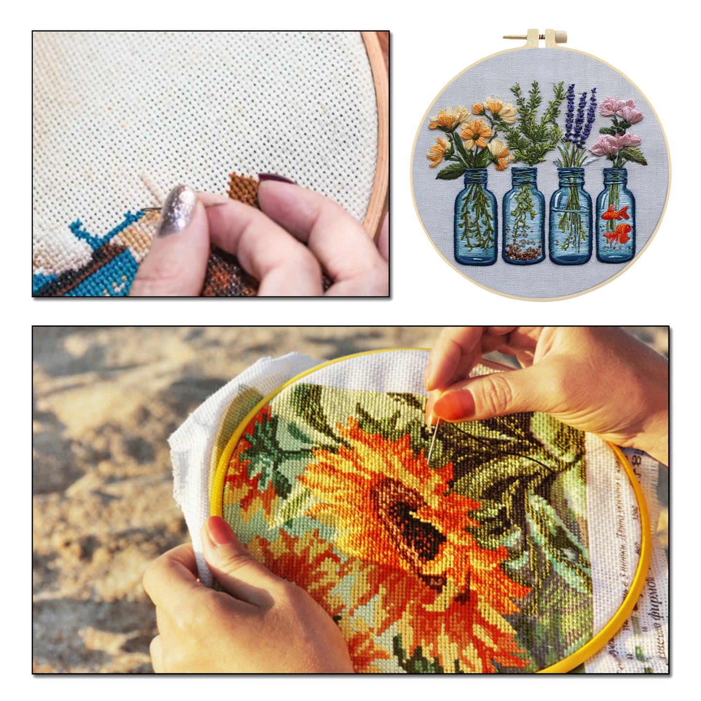 Glass Bottle Vase - DIY Embroidery Cross Stitch Kit with Pattern Cotton Threads Needles Hoop 30x30CM/11.81x11.81in