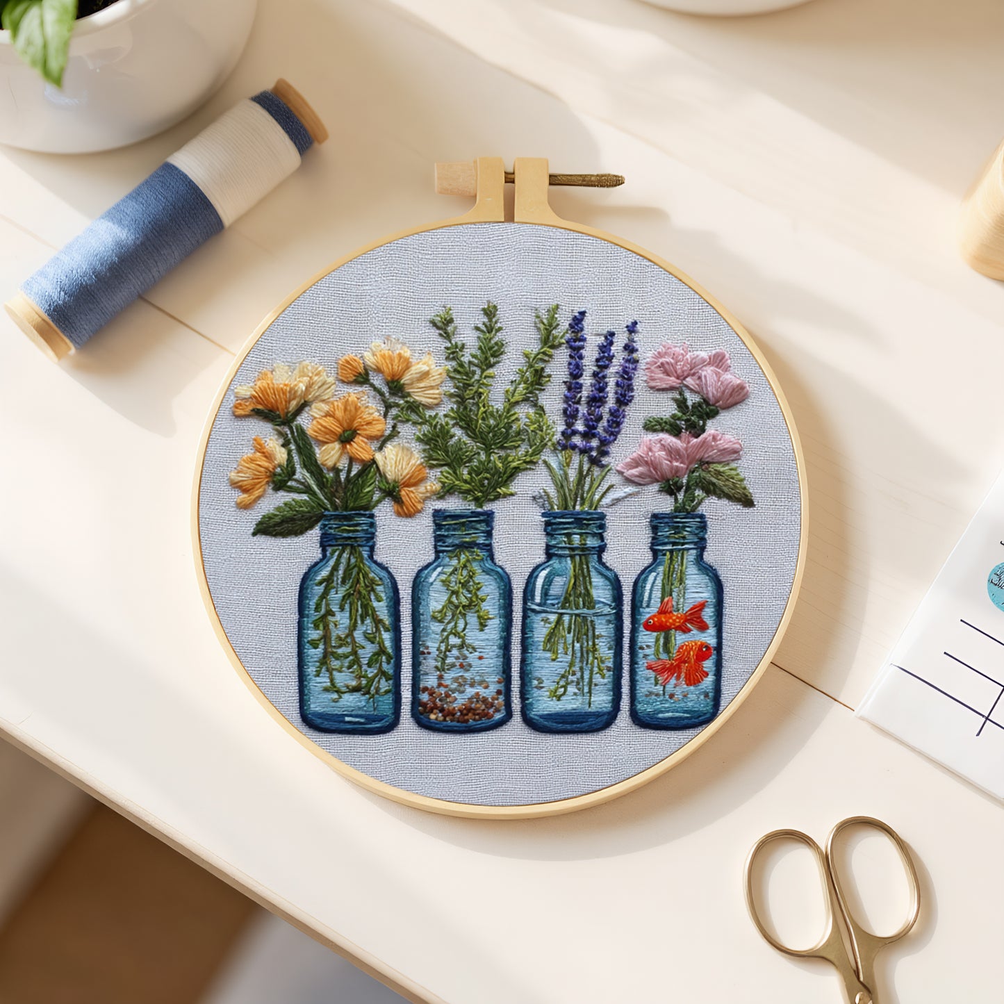 Glass Bottle Vase - DIY Embroidery Cross Stitch Kit with Pattern Cotton Threads Needles Hoop 30x30CM/11.81x11.81in