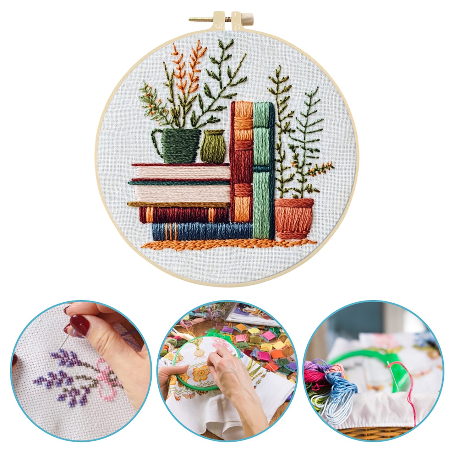 Books - DIY Embroidery Cross Stitch Kit with Pattern Cotton Threads Needles Hoop 30x30CM/11.81x11.81in