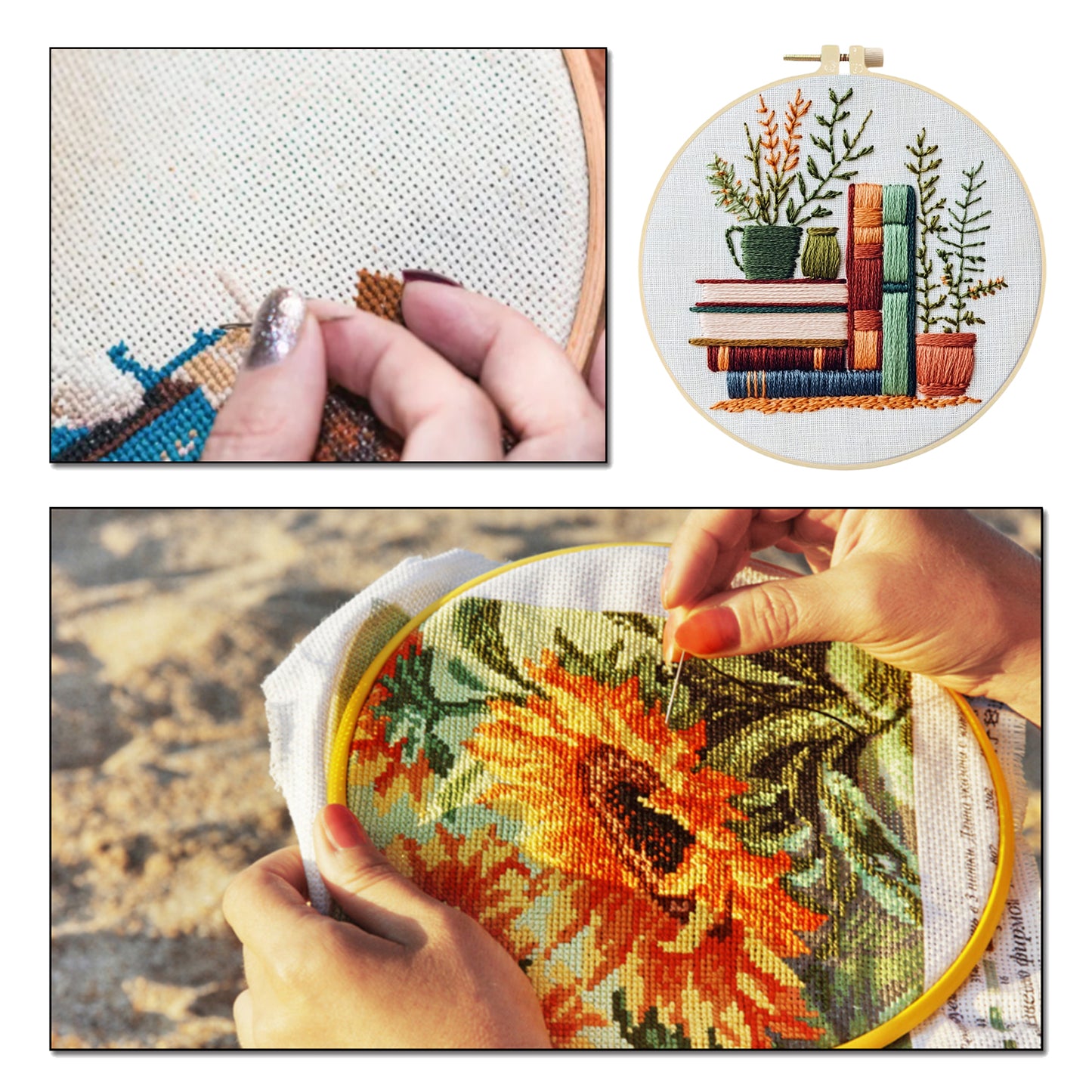 Books - DIY Embroidery Cross Stitch Kit with Pattern Cotton Threads Needles Hoop 30x30CM/11.81x11.81in