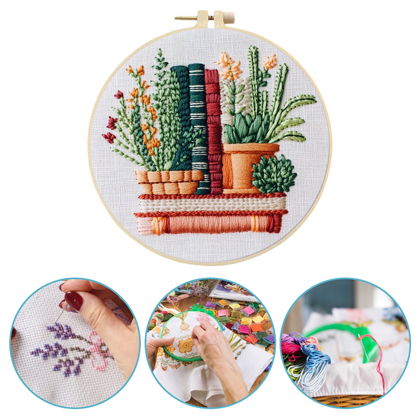 Books - DIY Embroidery Cross Stitch Kit with Pattern Cotton Threads Needles Hoop 30x30CM/11.81x11.81in