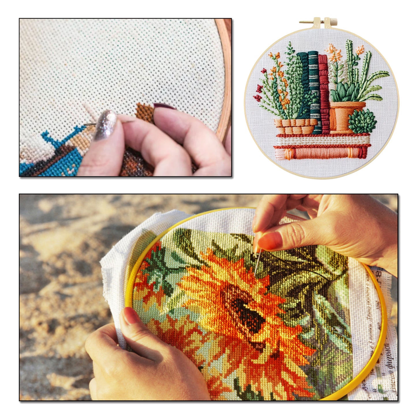 Books - DIY Embroidery Cross Stitch Kit with Pattern Cotton Threads Needles Hoop 30x30CM/11.81x11.81in