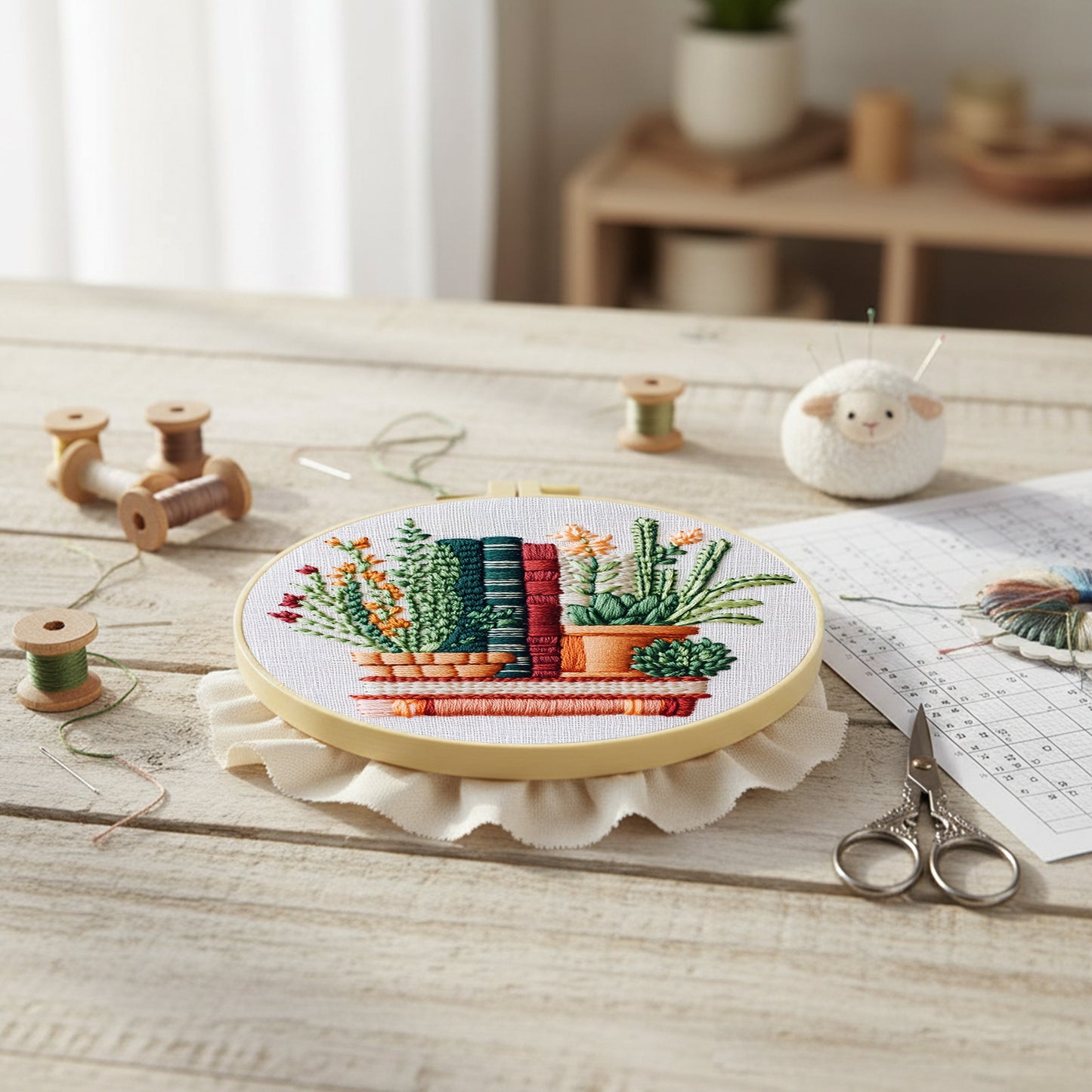 Books - DIY Embroidery Cross Stitch Kit with Pattern Cotton Threads Needles Hoop 30x30CM/11.81x11.81in