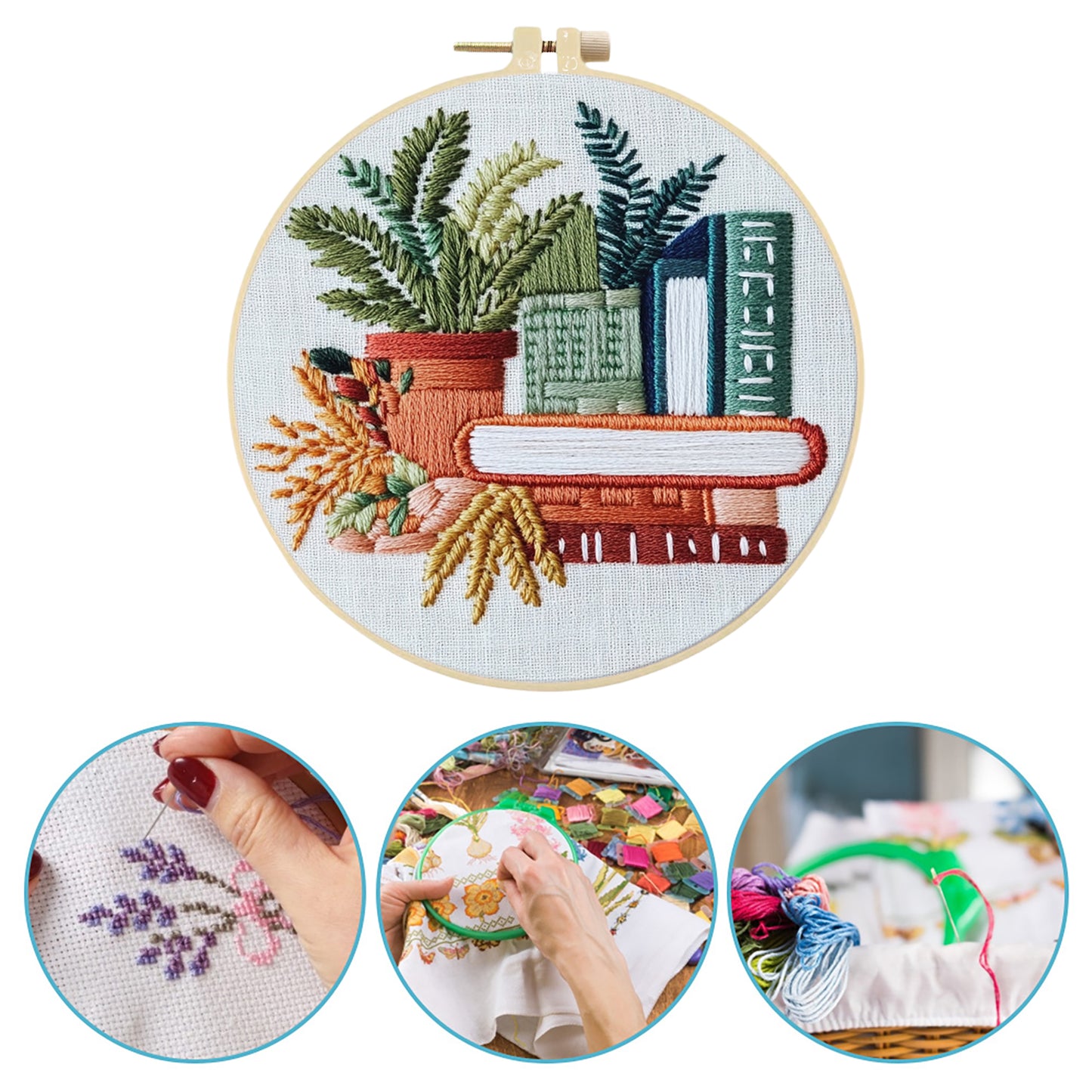 Books - DIY Embroidery Cross Stitch Kit with Pattern Cotton Threads Needles Hoop 30x30CM/11.81x11.81in