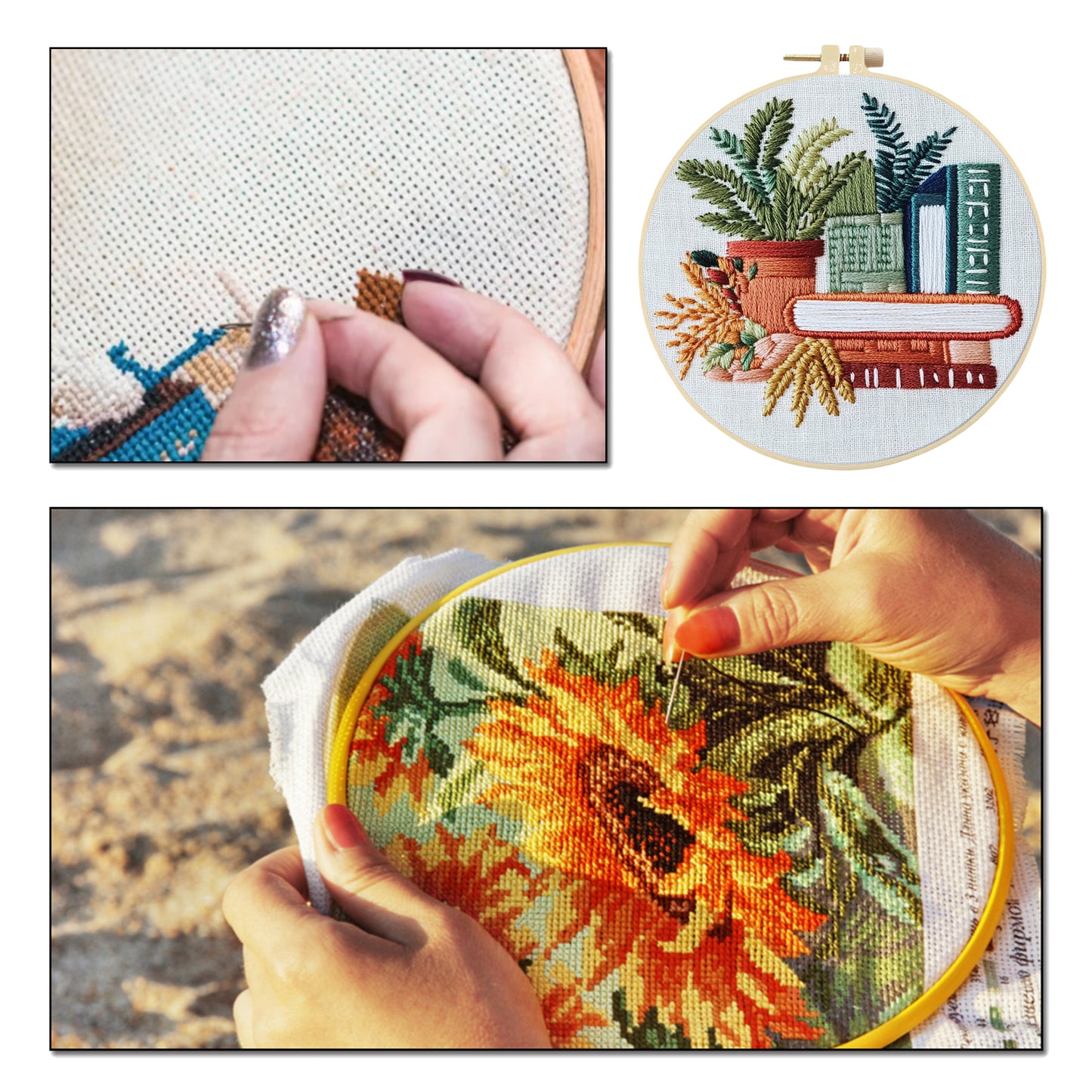 Books - DIY Embroidery Cross Stitch Kit with Pattern Cotton Threads Needles Hoop 30x30CM/11.81x11.81in