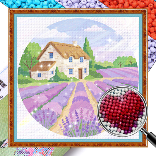 Lavender - Partial 11CT Stamped Cross Stitch - Bead Embroidery 36x36CM/14.17x14.17in