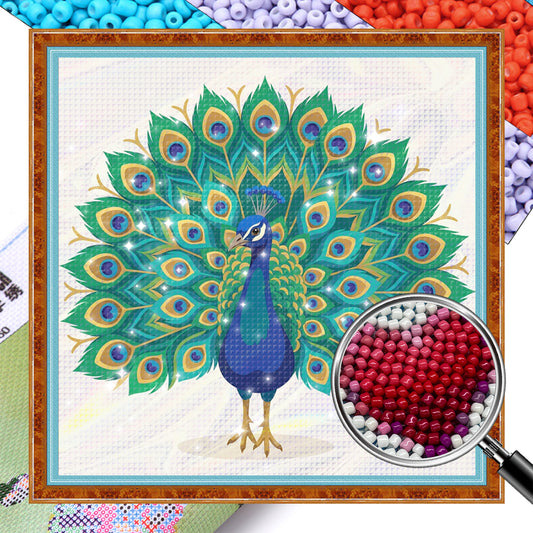 Peacock - Partial 11CT Stamped Cross Stitch - Bead Embroidery 36x36CM/14.17x14.17in