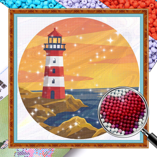 Lighthouse - Partial 11CT Stamped Cross Stitch - Bead Embroidery 36x36CM/14.17x14.17in