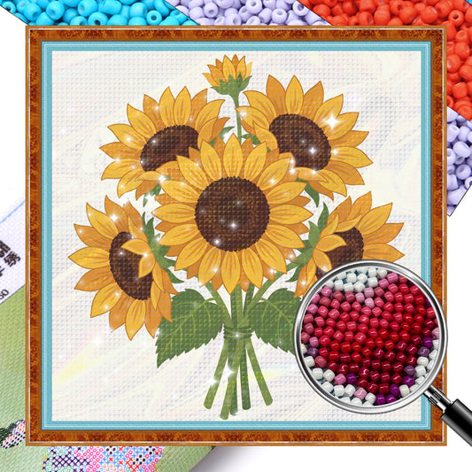 Sunflower - Partial 11CT Stamped Cross Stitch - Bead Embroidery 36x36CM/14.17x14.17in