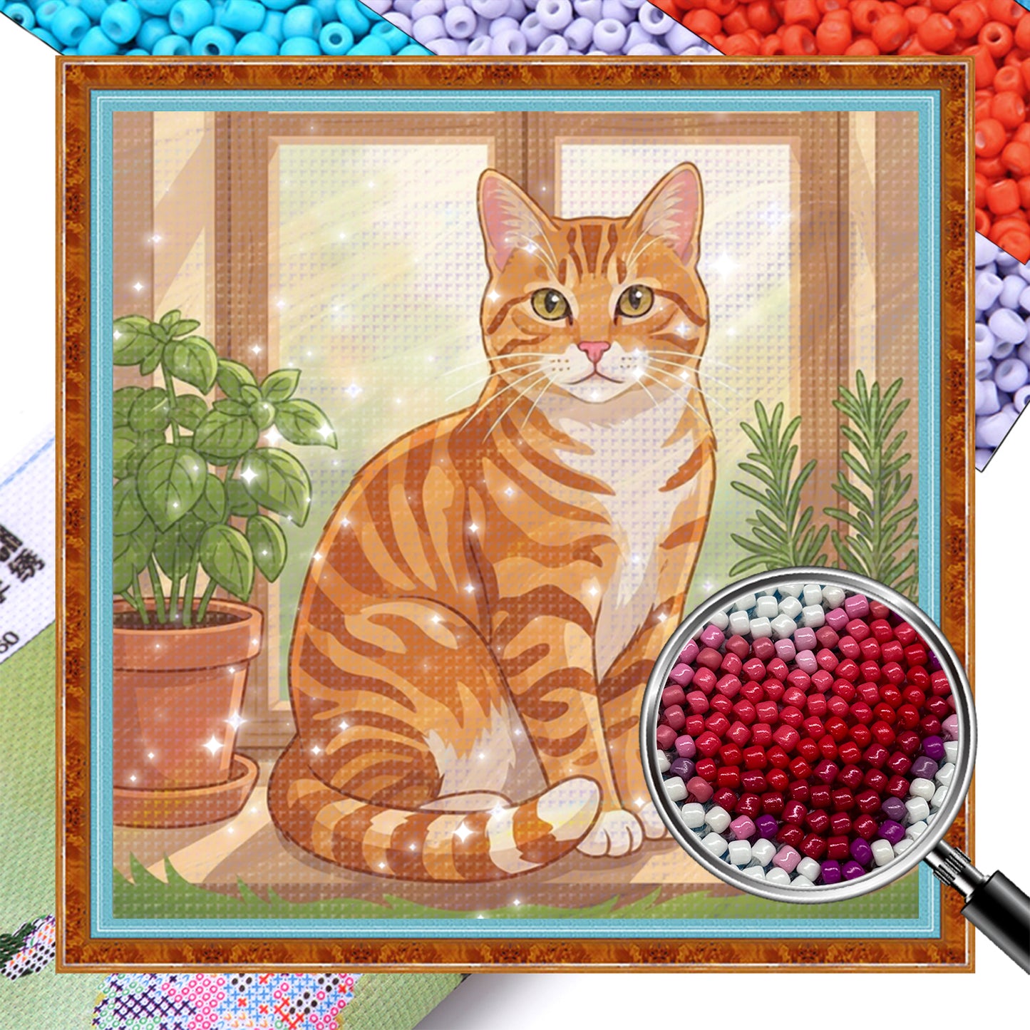 Cat - Partial 11CT Stamped Cross Stitch - Bead Embroidery 36x36CM/14.17x14.17in
