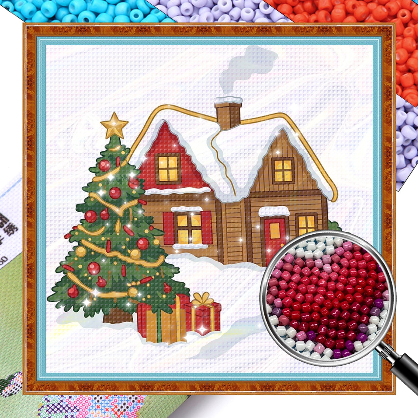 Cabin - Partial 11CT Stamped Cross Stitch - Bead Embroidery 36x36CM/14.17x14.17in
