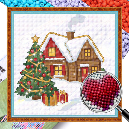 Cabin - Partial 11CT Stamped Cross Stitch - Bead Embroidery 36x36CM/14.17x14.17in