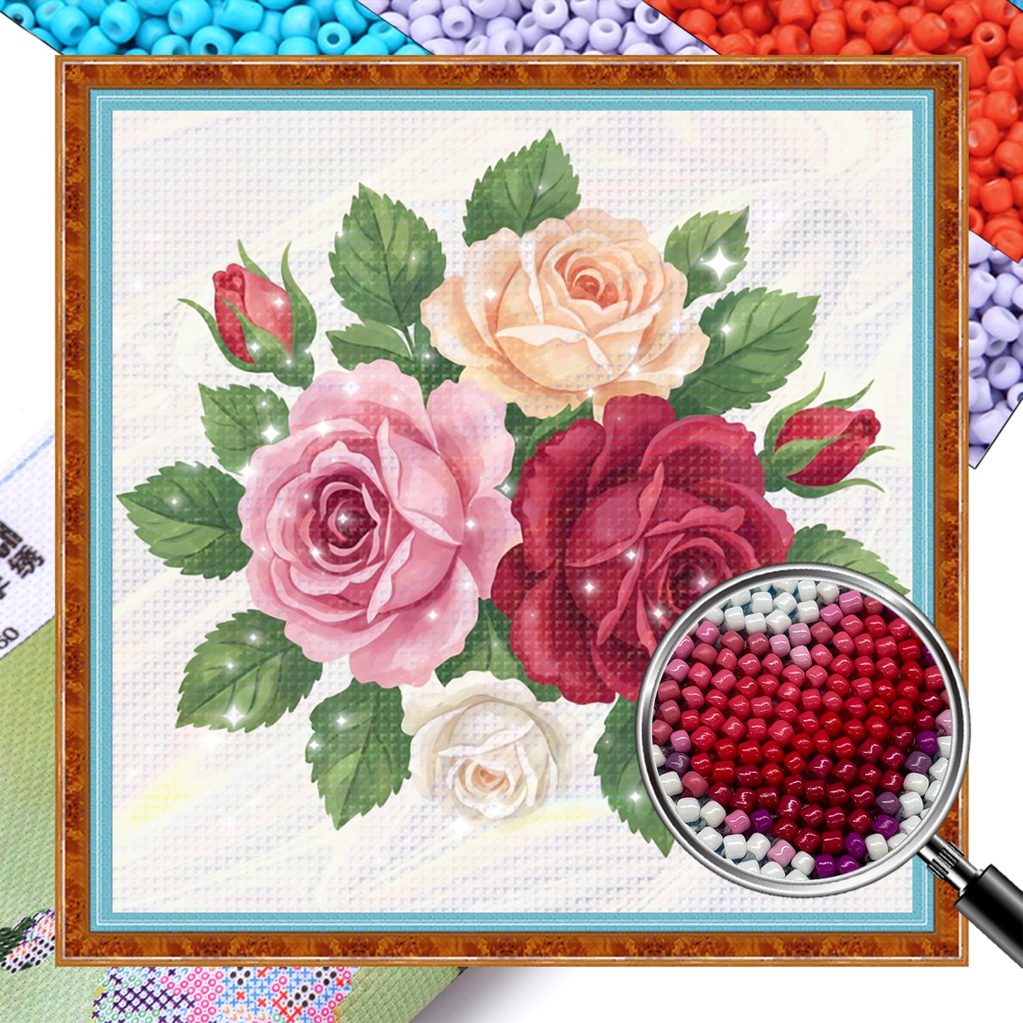 Roses - Partial 11CT Stamped Cross Stitch - Bead Embroidery 36x36CM/14.17x14.17in