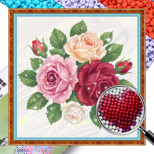 Roses - Partial 11CT Stamped Cross Stitch - Bead Embroidery 36x36CM/14.17x14.17in