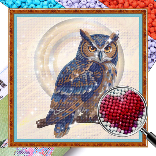 Owl - Partial 11CT Stamped Cross Stitch - Bead Embroidery 36x36CM/14.17x14.17in