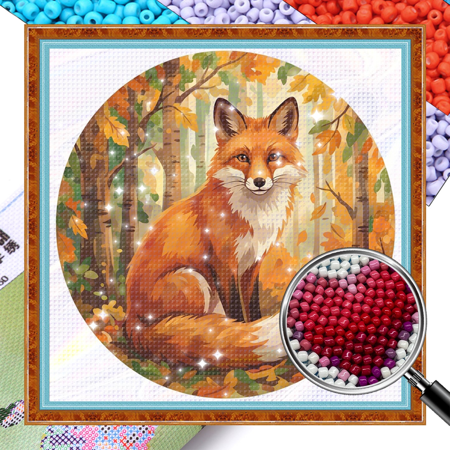 Autumn Vulpine - Partial 11CT Stamped Cross Stitch - Bead Embroidery 36x36CM/14.17x14.17in