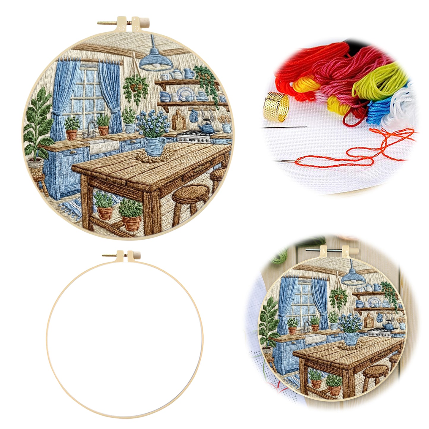 Kitchen Table - DIY Embroidery Cross Stitch Kit with Pattern Cotton Threads Needles Hoop 30x30CM/11.81x11.81in
